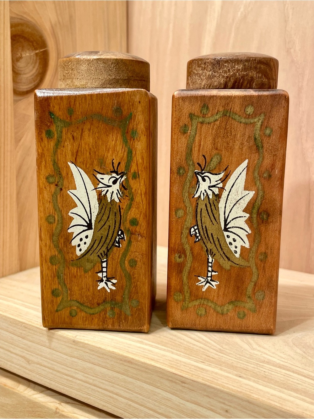 Wooden Hand Painted Salt & Pepper Shakers Vintage